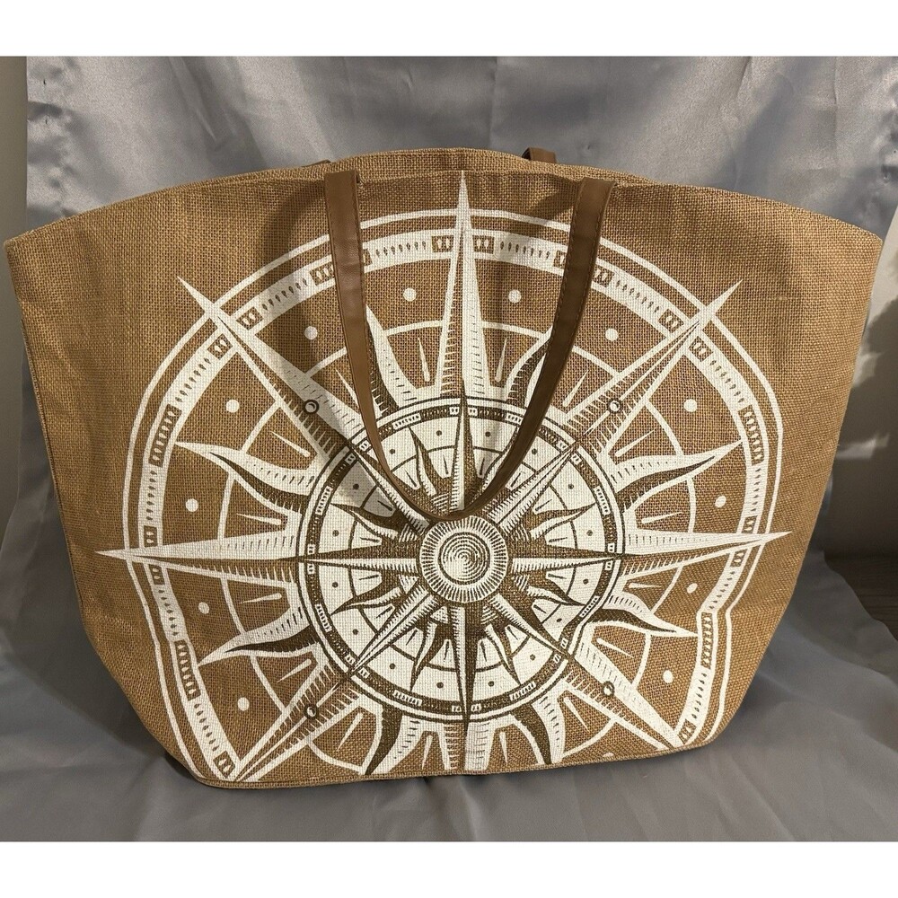 Mud Pie Aweigh We Go Nautical Theme Natural Jute Tote Bag (Compass) Beach Bag